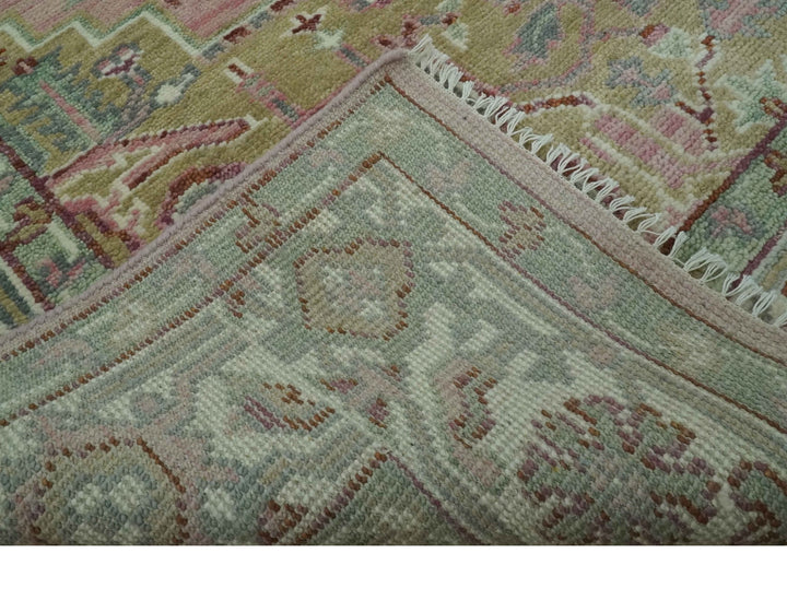 Pink, Ivory and Olive Hand Knotted 8x10 Traditional Heriz wool area rug - The Rug Decor