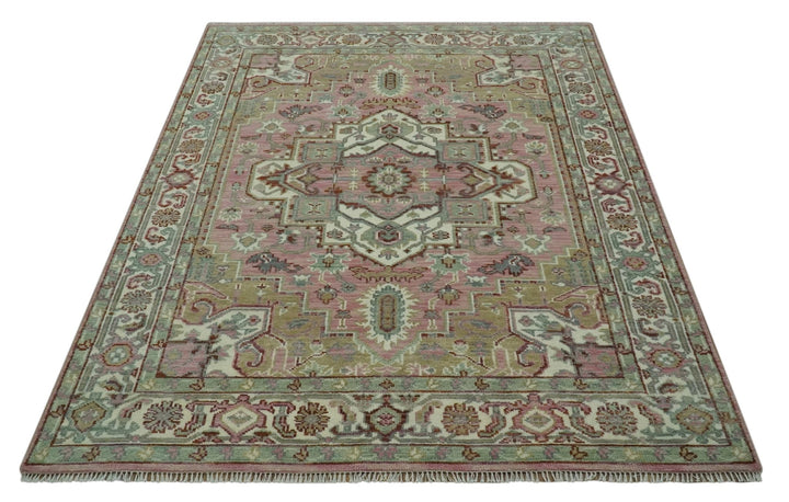 Pink, Ivory and Olive Hand Knotted 8x10 Traditional Heriz wool area rug - The Rug Decor