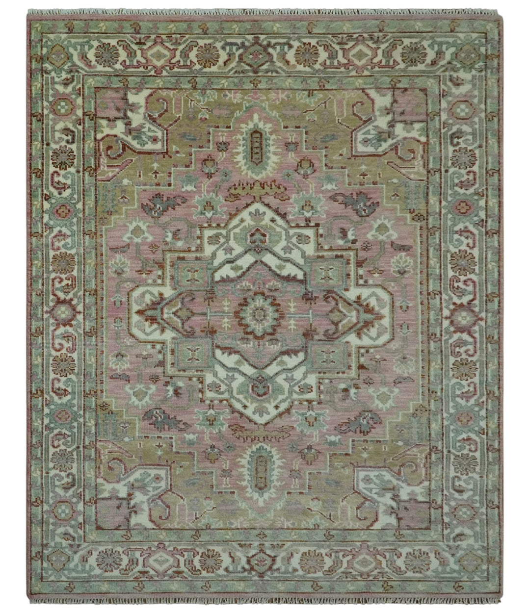 Pink, Ivory and Olive Hand Knotted 8x10 Traditional Heriz wool area rug - The Rug Decor