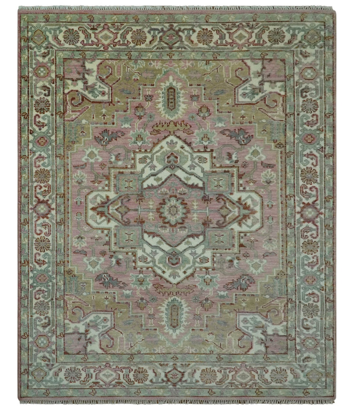 Pink, Ivory and Olive Hand Knotted 8x10 Traditional Heriz wool area rug - The Rug Decor