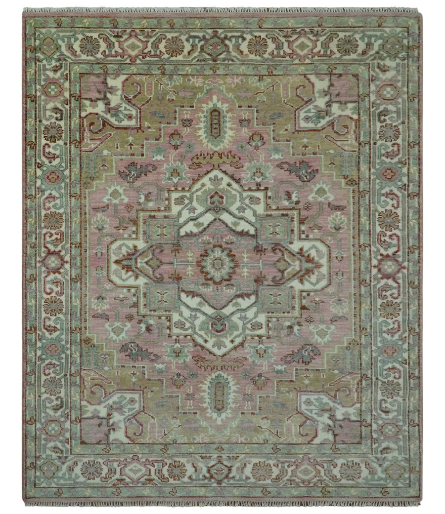 Pink, Ivory and Olive Hand Knotted 8x10 Traditional Heriz wool area rug - The Rug Decor