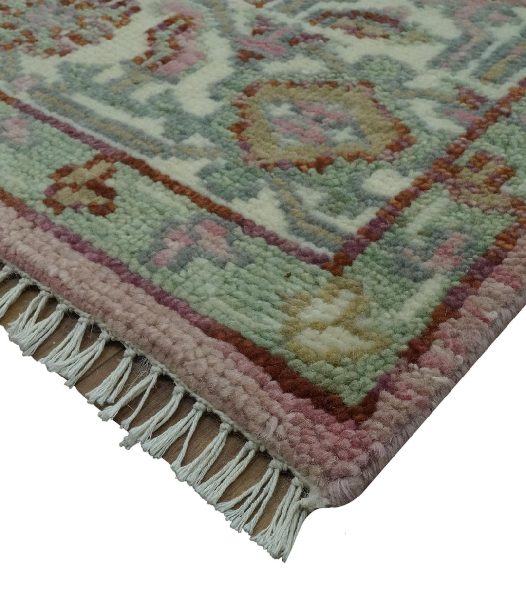Pink, Ivory and Olive Hand Knotted 8x10 Traditional Heriz wool area rug - The Rug Decor