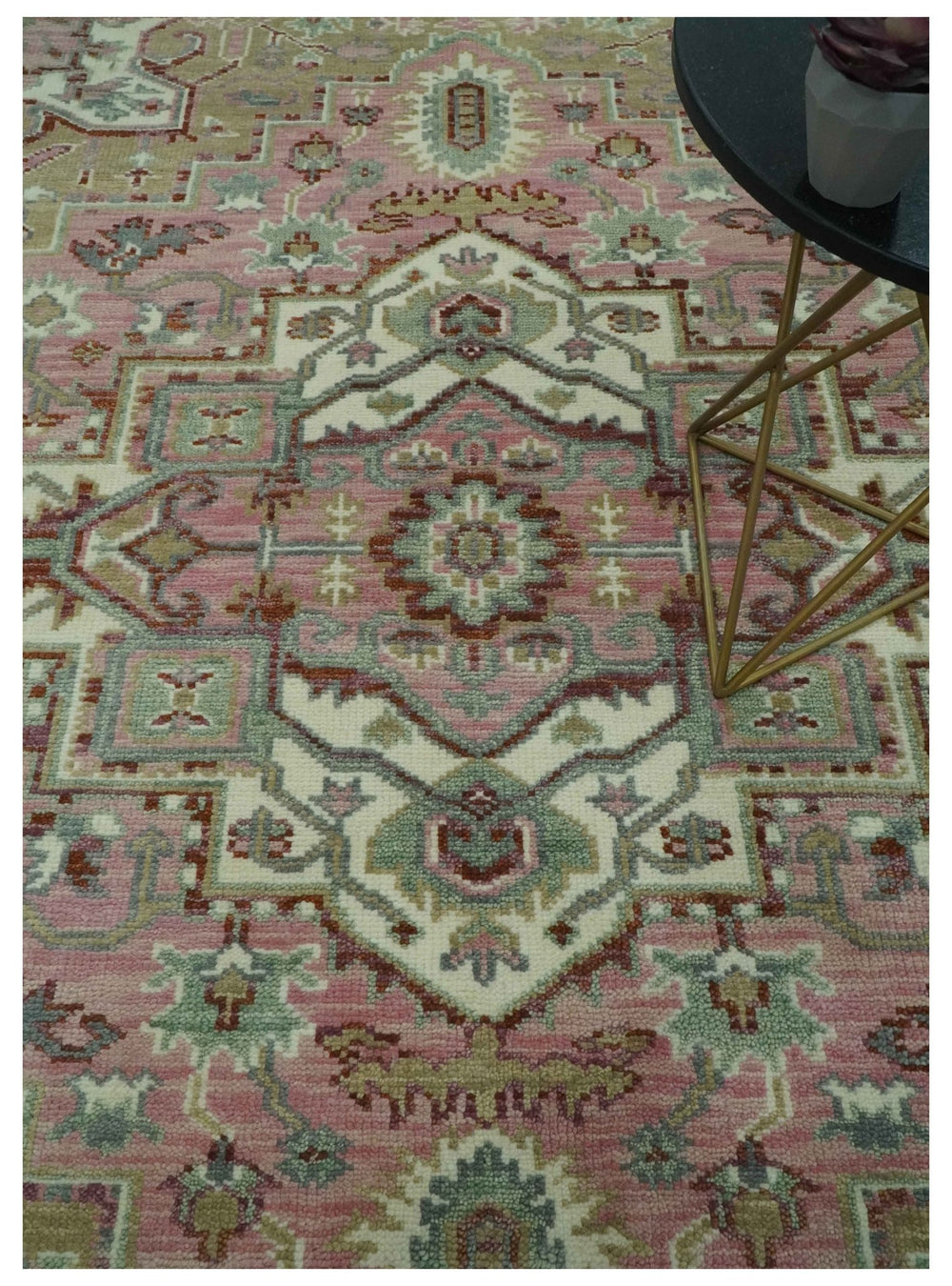 Pink, Ivory and Olive Hand Knotted 8x10 Traditional Heriz wool area rug - The Rug Decor