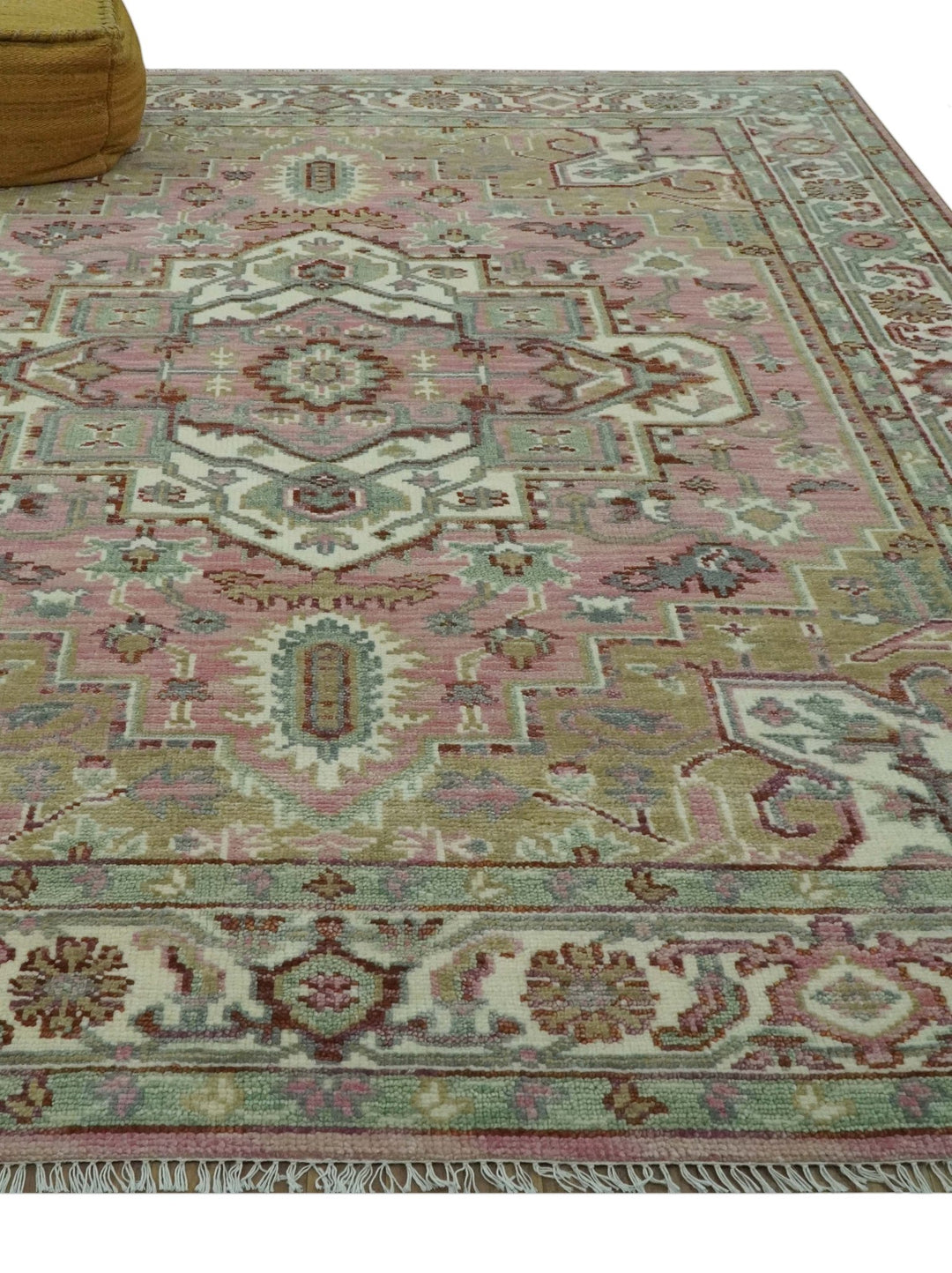 Pink, Ivory and Olive Hand Knotted 8x10 Traditional Heriz wool area rug - The Rug Decor