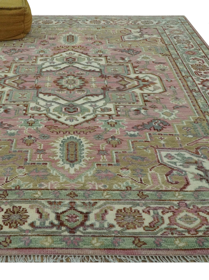 Pink, Ivory and Olive Hand Knotted 8x10 Traditional Heriz wool area rug - The Rug Decor