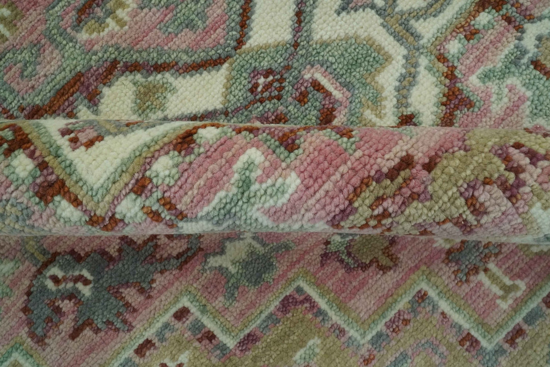 Pink, Ivory and Olive Hand Knotted 8x10 Traditional Heriz wool area rug - The Rug Decor