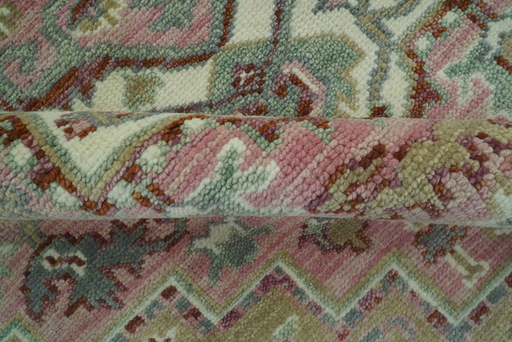 Pink, Ivory and Olive Hand Knotted 8x10 Traditional Heriz wool area rug - The Rug Decor