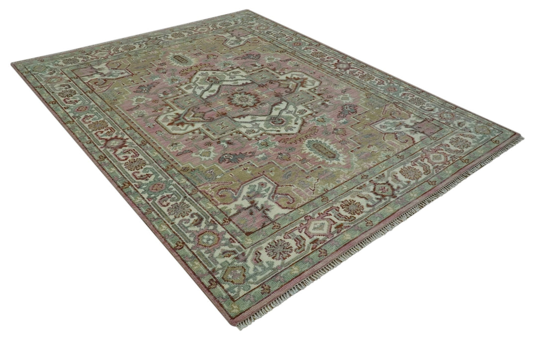 Pink, Ivory and Olive Hand Knotted 8x10 Traditional Heriz wool area rug - The Rug Decor