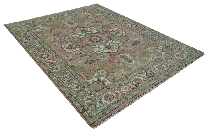 Pink, Ivory and Olive Hand Knotted 8x10 Traditional Heriz wool area rug - The Rug Decor
