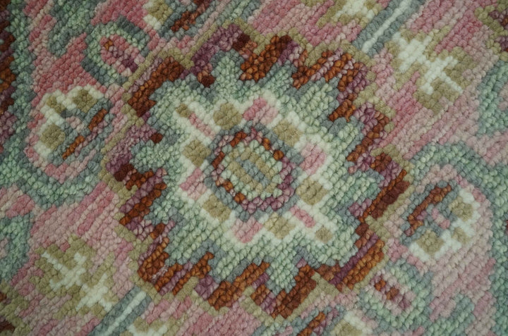 Pink, Ivory and Olive Hand Knotted 8x10 Traditional Heriz wool area rug - The Rug Decor