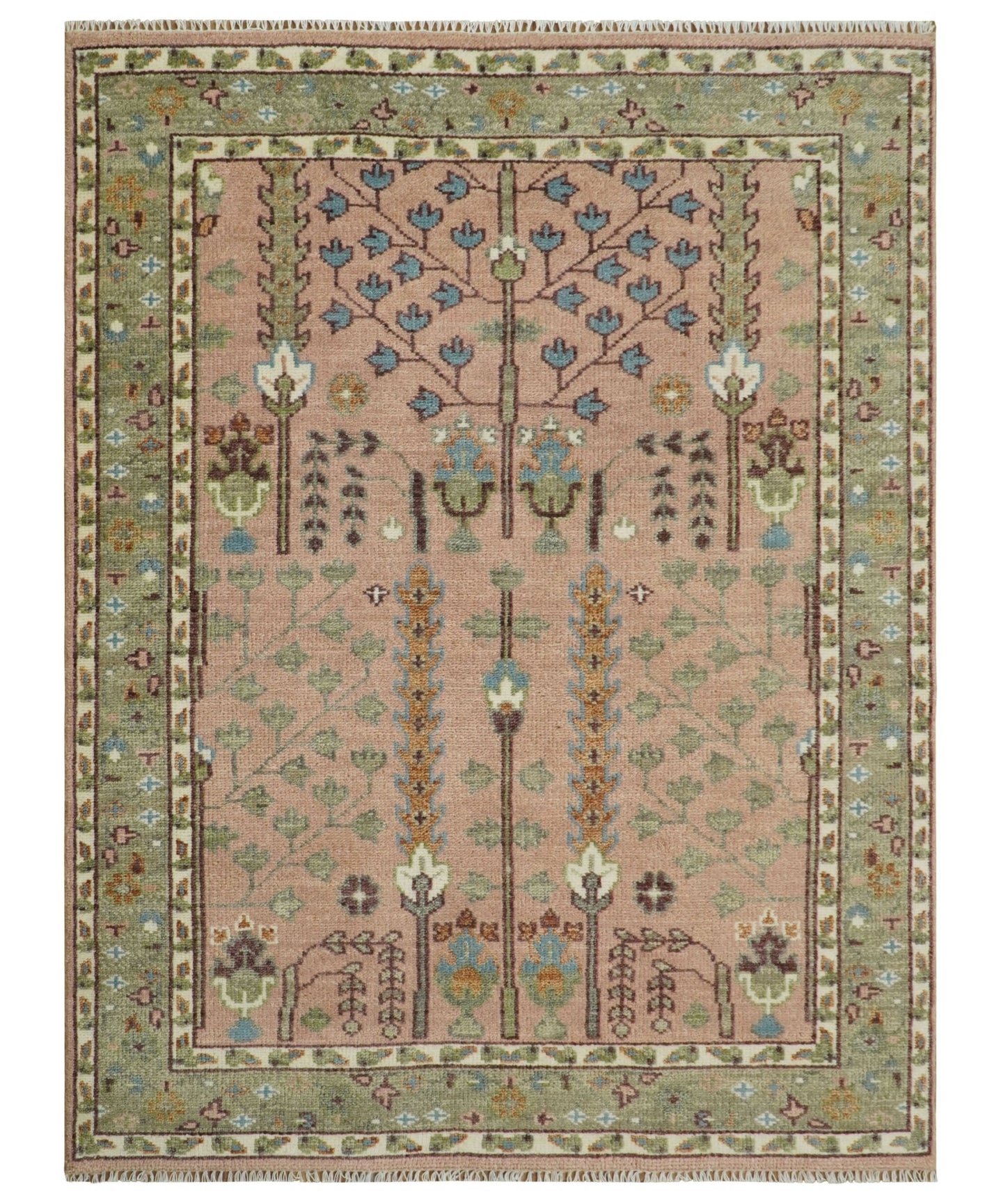 Pink, Olive and Beige Traditional Vintage Heriz Serapi Wool Rug - The Rug Decor