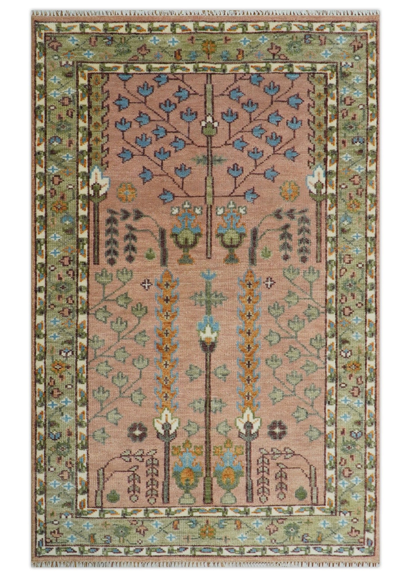 Pink, Olive and Beige Traditional Vintage Heriz Serapi Wool Rug - The Rug Decor