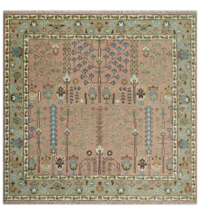 Pink, Olive and Beige Traditional Vintage Heriz Serapi Wool Rug - The Rug Decor