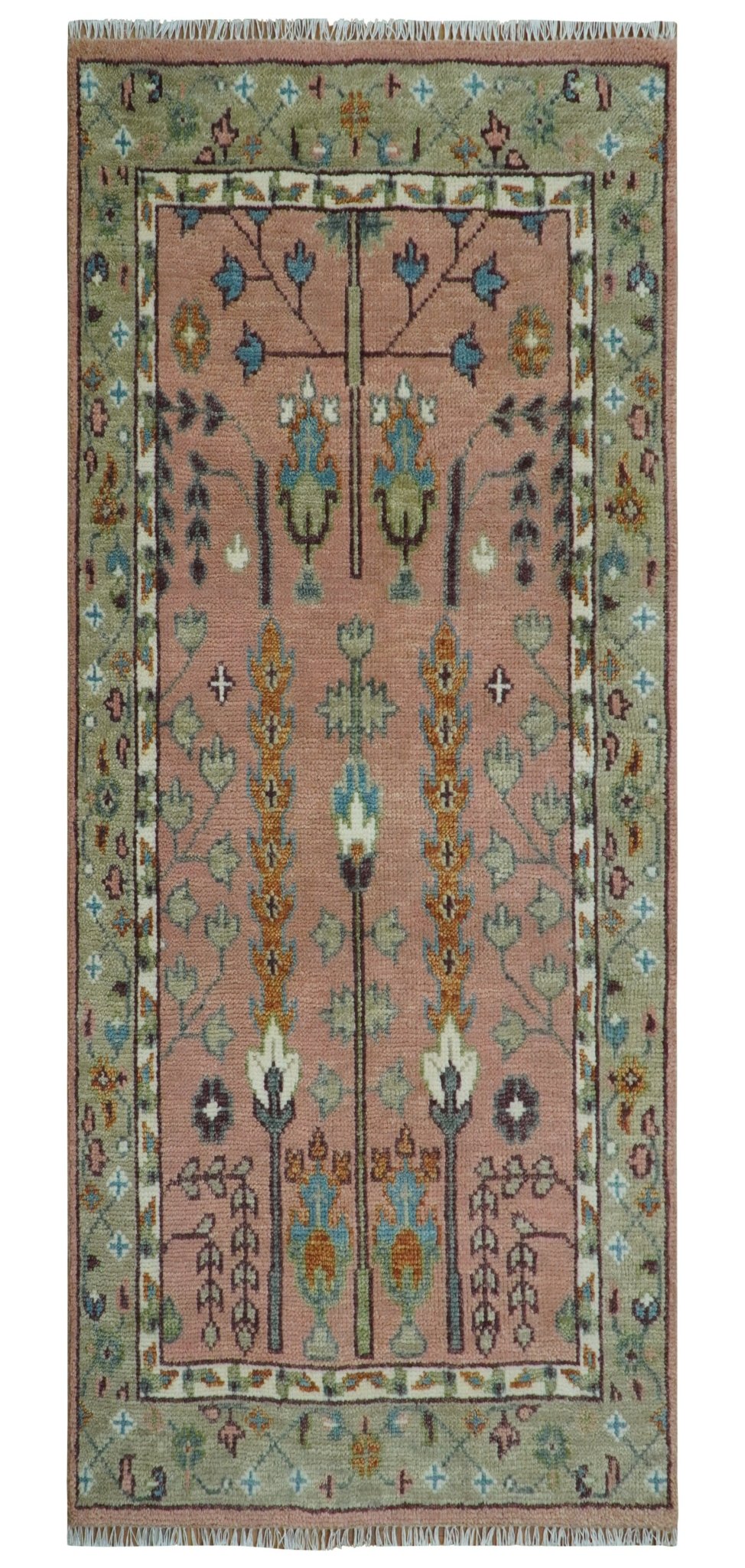 Pink, Olive and Beige Traditional Vintage Heriz Serapi Wool Rug - The Rug Decor