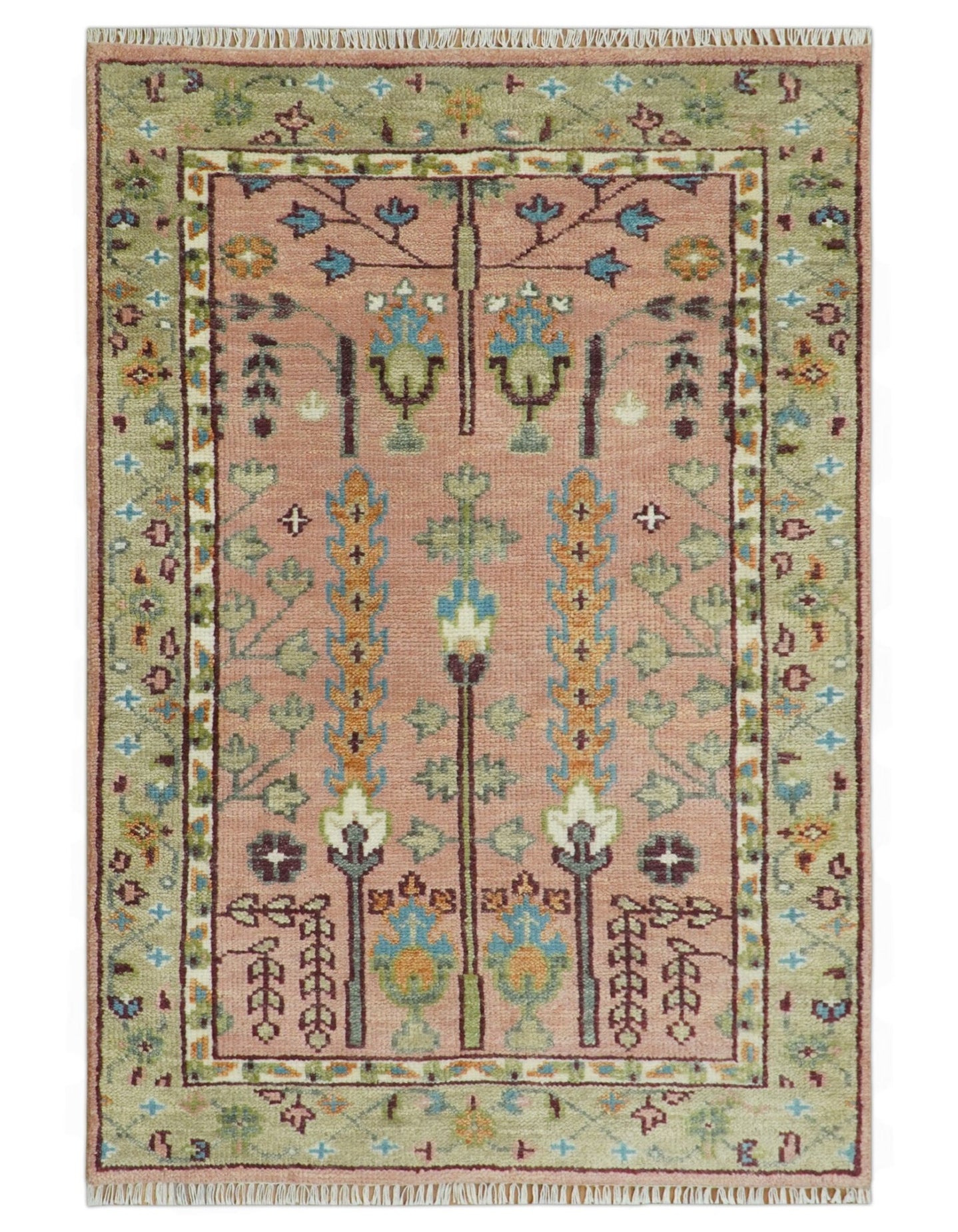 Pink, Olive and Beige Traditional Vintage Heriz Serapi Wool Rug - The Rug Decor
