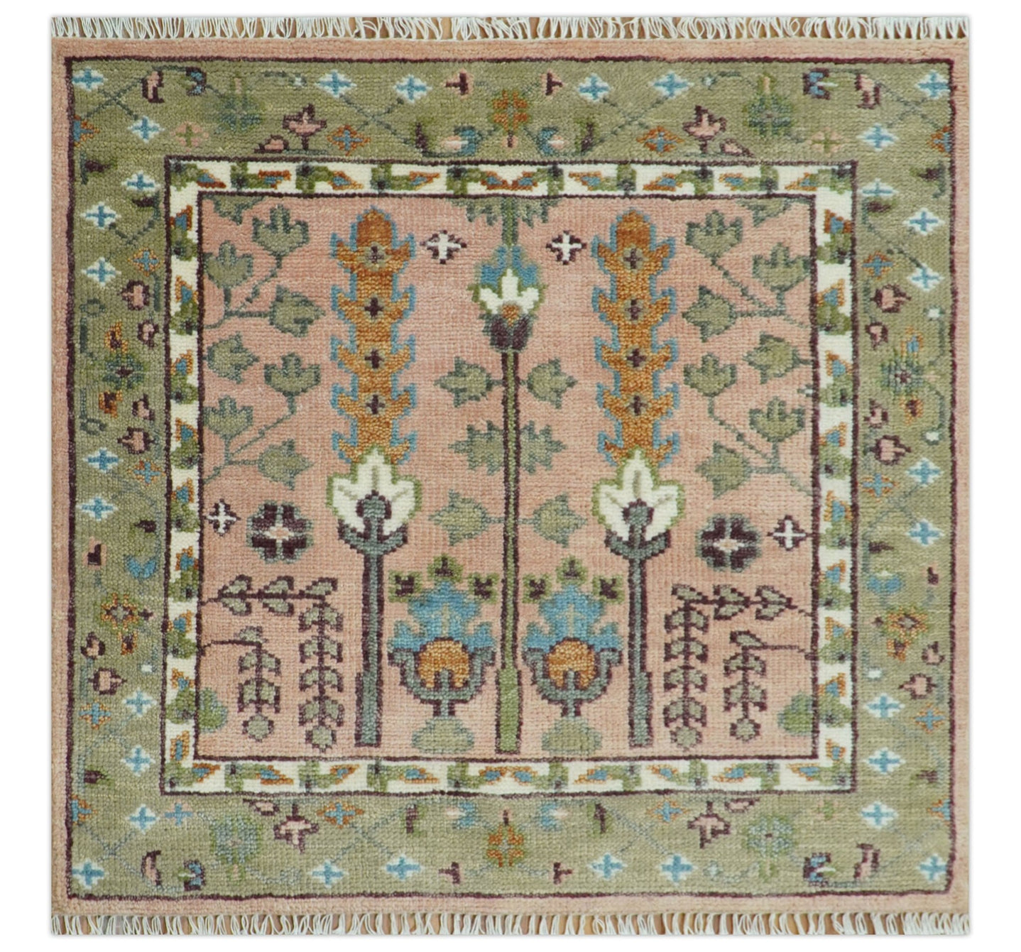 Pink, Olive and Beige Traditional Vintage Heriz Serapi Wool Rug - The Rug Decor