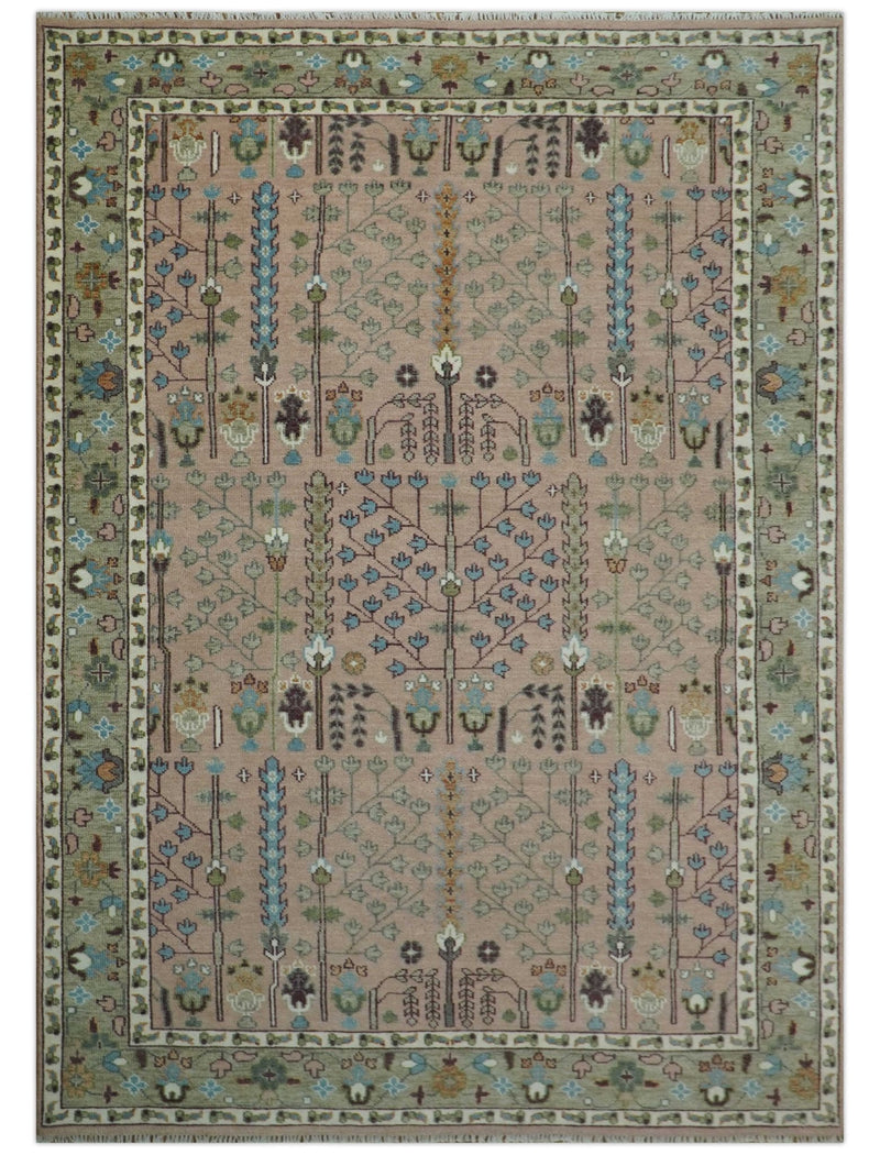 Pink, Olive and Beige Traditional Vintage Heriz Serapi Wool Rug - The Rug Decor