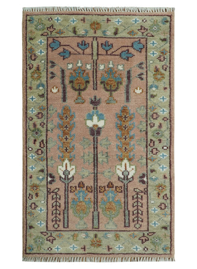 Pink, Olive and Beige Traditional Vintage Heriz Serapi Wool Rug - The Rug Decor