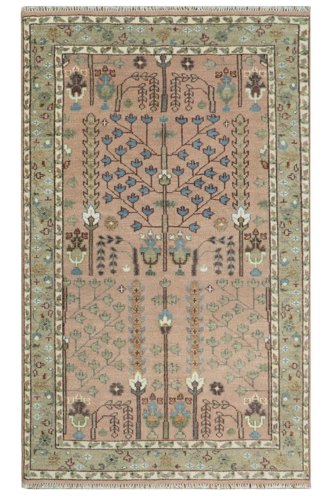Pink, Olive and Beige Traditional Vintage Heriz Serapi Wool Rug - The Rug Decor