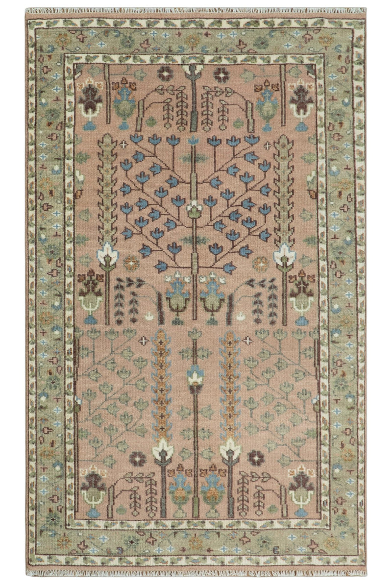 Pink, Olive and Beige Traditional Vintage Heriz Serapi Wool Rug - The Rug Decor