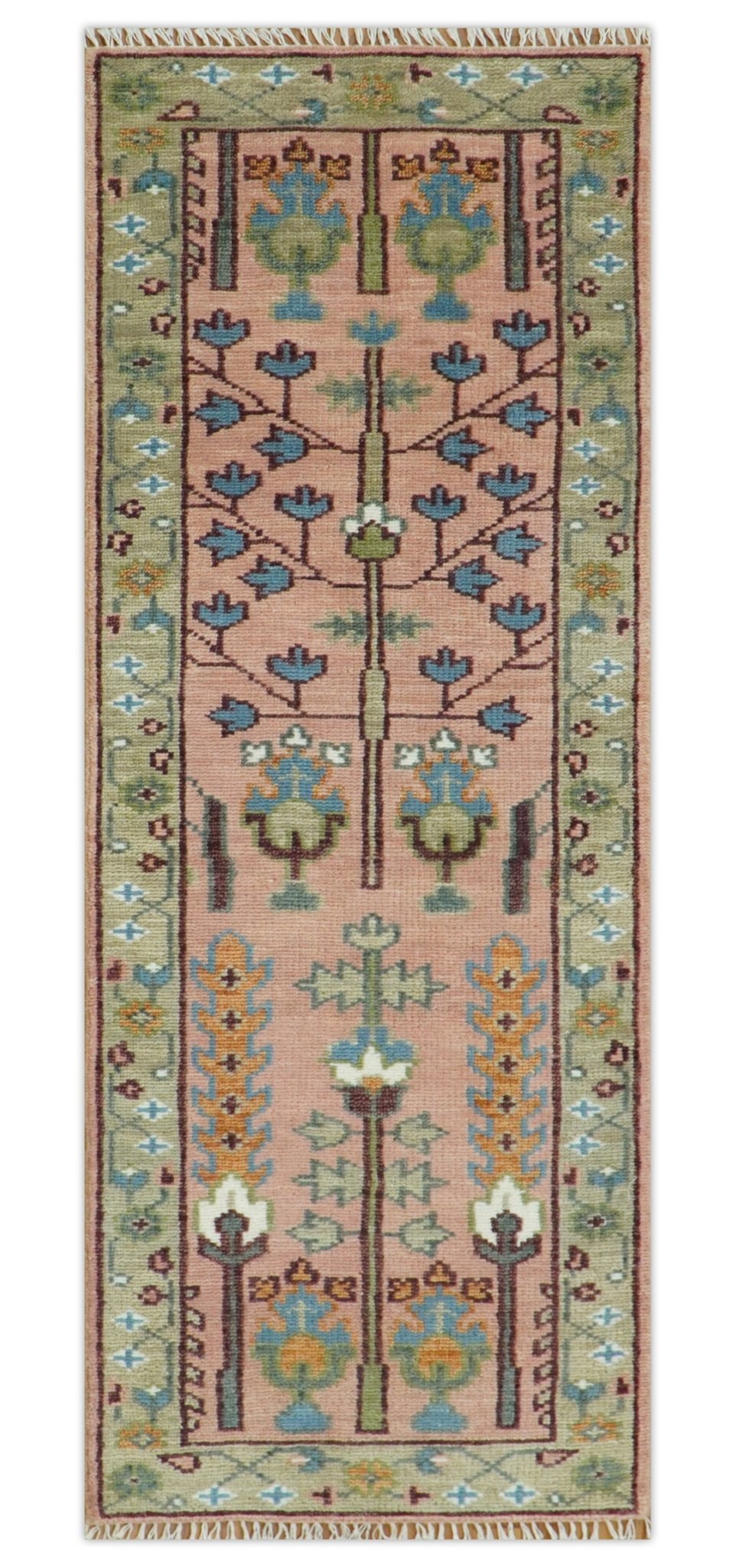 Custom Made Runner Rug Pink And Olive Tree of life Hand Knotted