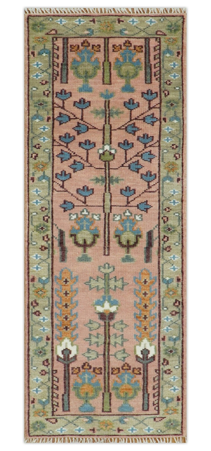 Custom Made Runner Rug Pink And Olive Tree of life Hand Knotted