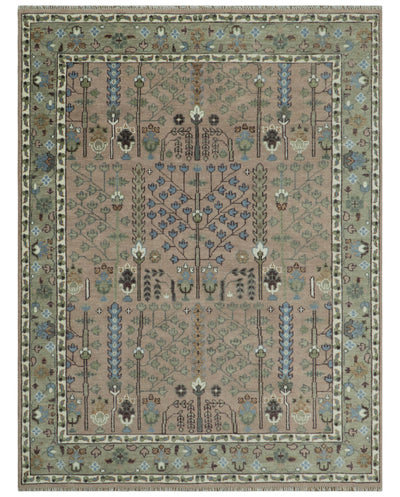 Pink, Olive and Beige Traditional Vintage Heriz Serapi Wool Rug - The Rug Decor