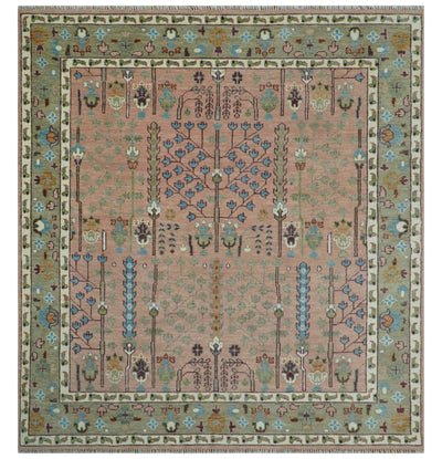 Pink, Olive and Beige Traditional Vintage Heriz Serapi Wool Rug - The Rug Decor