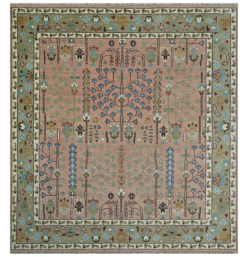 Pink, Olive and Beige Traditional Vintage Heriz Serapi Wool Rug - The Rug Decor
