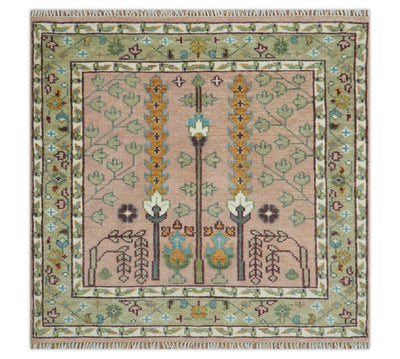 Pink, Olive and Beige Traditional Vintage Heriz Serapi Wool Rug - The Rug Decor