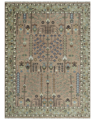 Pink, Olive and Beige Traditional Vintage Heriz Serapi Wool Rug - The Rug Decor