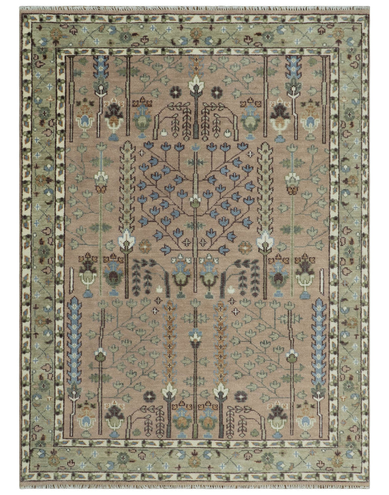 Pink, Olive and Beige Traditional Vintage Heriz Serapi Wool Rug - The Rug Decor