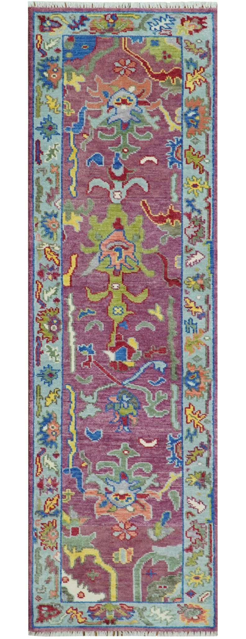 Custom Made Oushak Pink And Blue Runner Hand Knotted Wool Rug