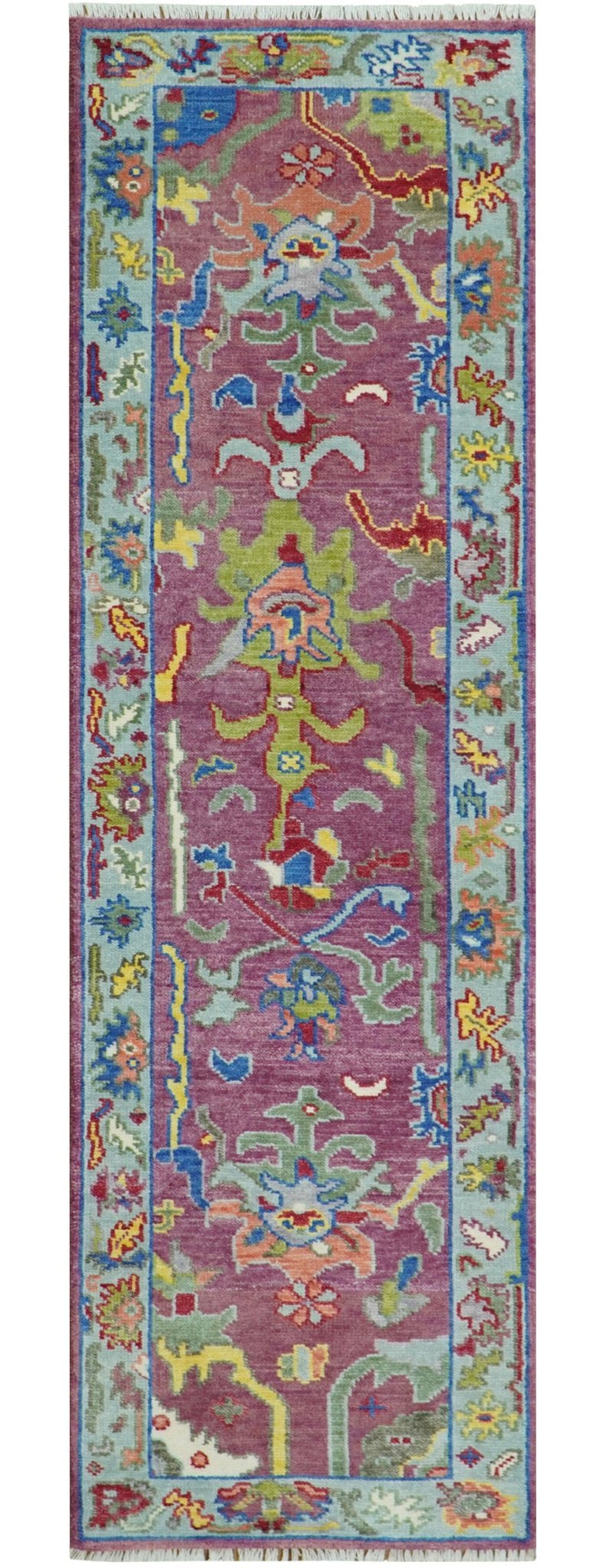 Custom Made Oushak Pink And Blue Runner Hand Knotted Wool Rug