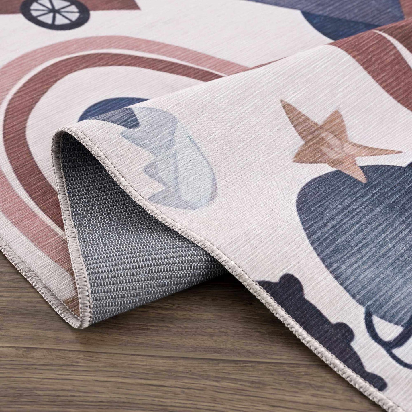 Playful Light Pink, Brown and Charcoal Washable Kids Rug with Cartoon Printed - The Rug Decor