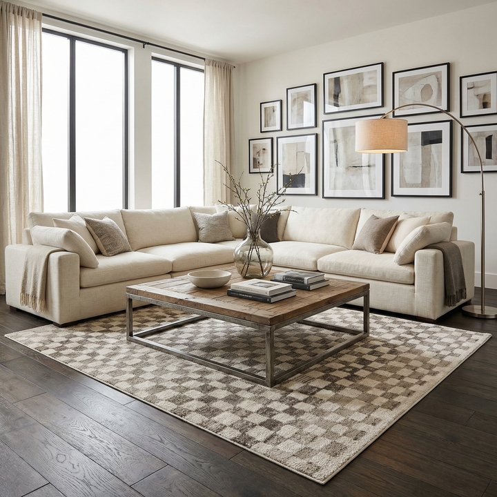 Benjy Contemporary Geometrical Ivory And Taupe Rug