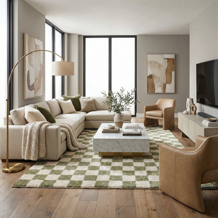 Canika Modern Geometrical Green And Beige Washable Rug