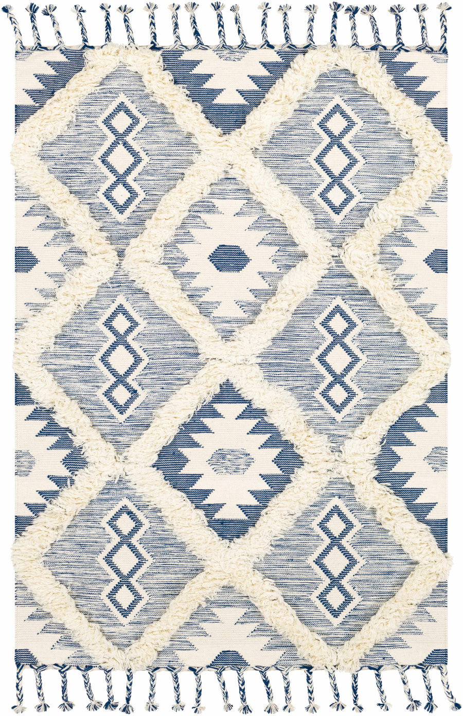 Ivory and blue woven wool area rug with diamond trellis pattern and fringed border