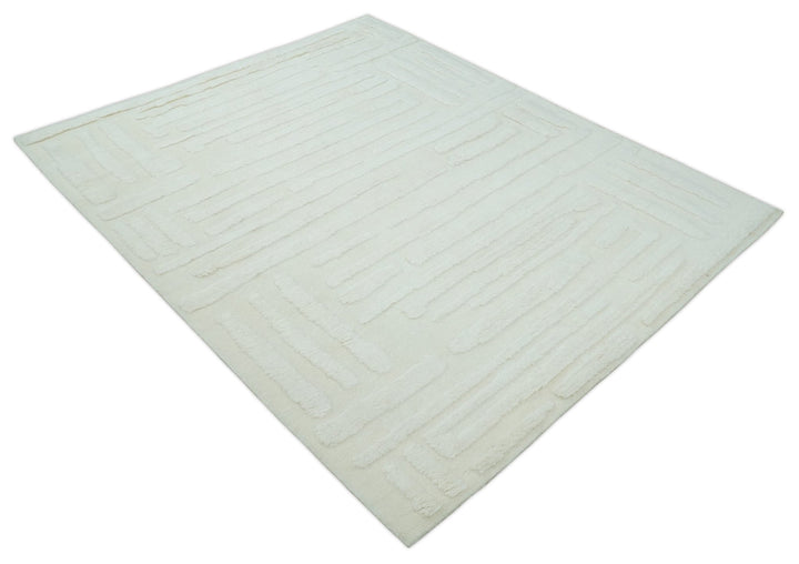 Premium 8x10 carved Texture Ivory hand knotted wool Area rug - The Rug Decor