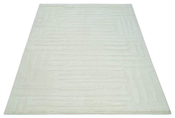 Premium 8x10 carved Texture Ivory hand knotted wool Area rug - The Rug Decor