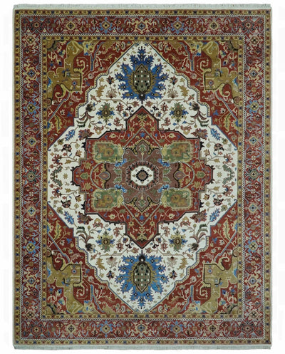 Premium Fine 9x12 Rust, Ivory and Olive Hand Knotted wool area rug - The Rug Decor