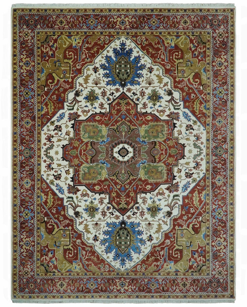 Premium Fine 9x12 Rust, Ivory and Olive Hand Knotted wool area rug - The Rug Decor