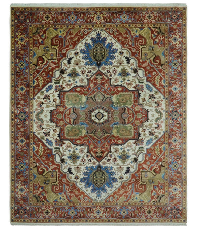 Premium Fine 9x12 Rust, Ivory and Olive Hand Knotted wool area rug - The Rug Decor