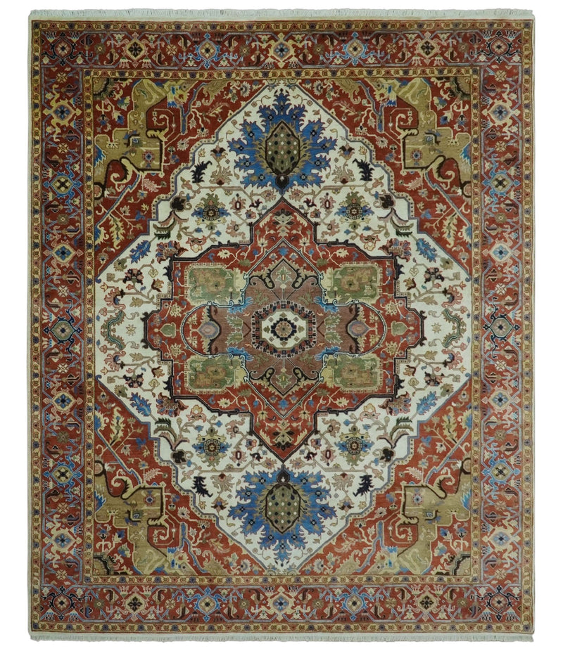 Premium Fine 9x12 Rust, Ivory and Olive Hand Knotted wool area rug - The Rug Decor