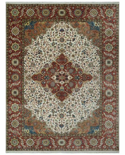 Premium Fine Floral Ivory and Rust Traditional Heriz 9x12 Hand Knotted wool area rug - The Rug Decor