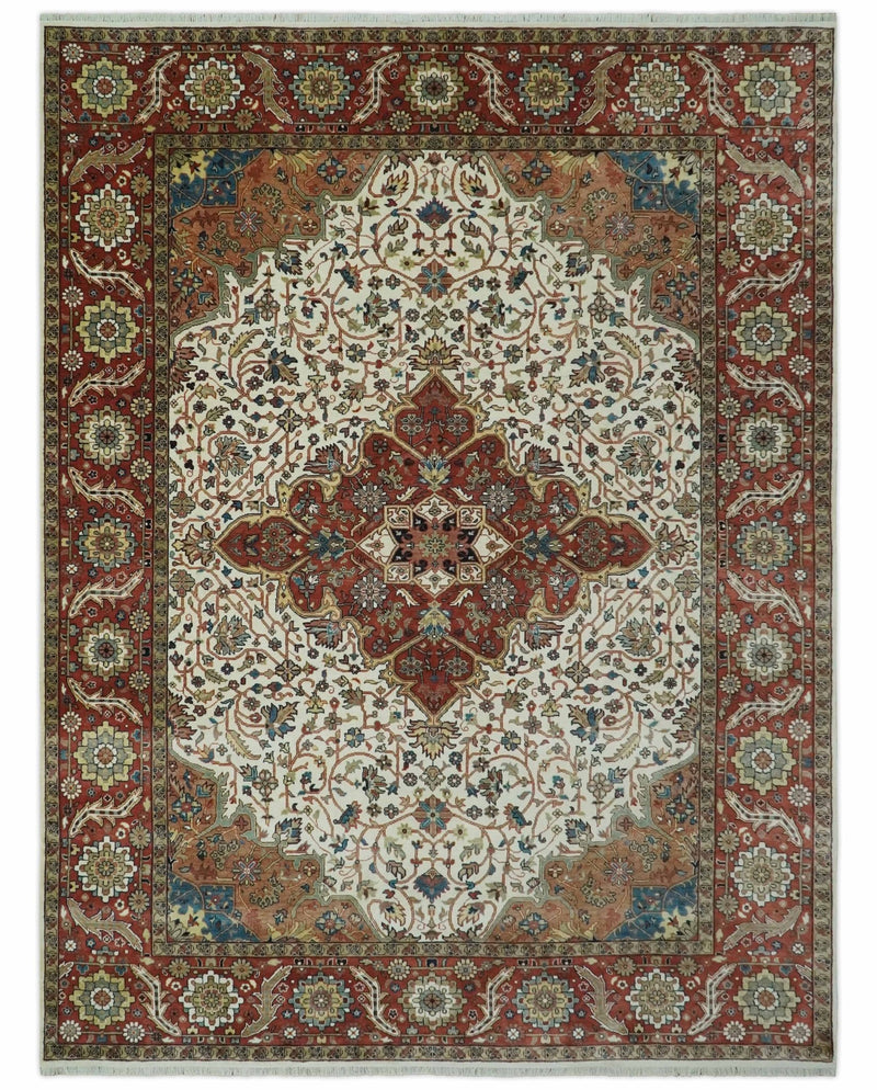 Premium Fine Floral Ivory and Rust Traditional Heriz 9x12 Hand Knotted wool area rug - The Rug Decor