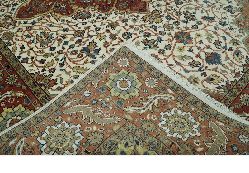 Premium Fine Floral Ivory and Rust Traditional Heriz 9x12 Hand Knotted wool area rug - The Rug Decor