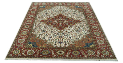 Premium Fine Floral Ivory and Rust Traditional Heriz 9x12 Hand Knotted wool area rug - The Rug Decor