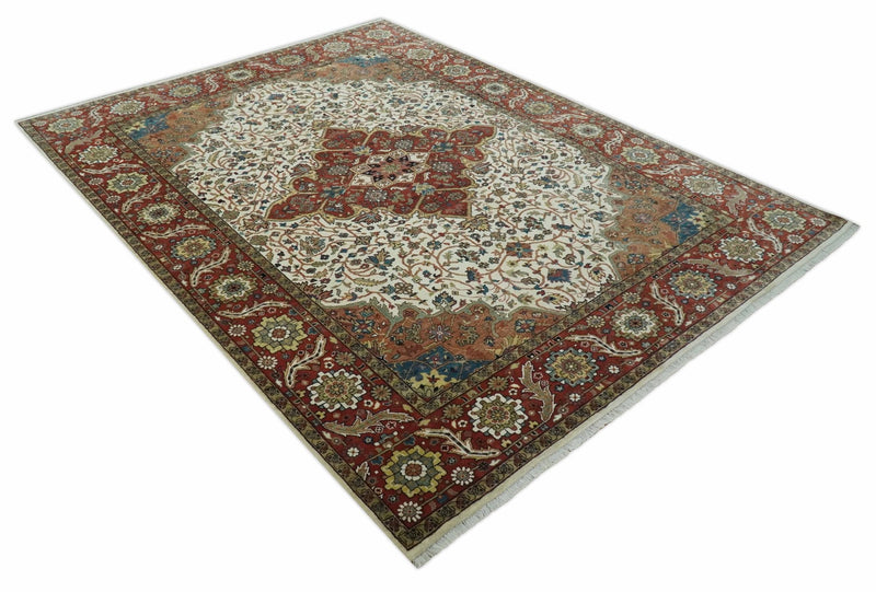 Premium Fine Floral Ivory and Rust Traditional Heriz 9x12 Hand Knotted wool area rug - The Rug Decor