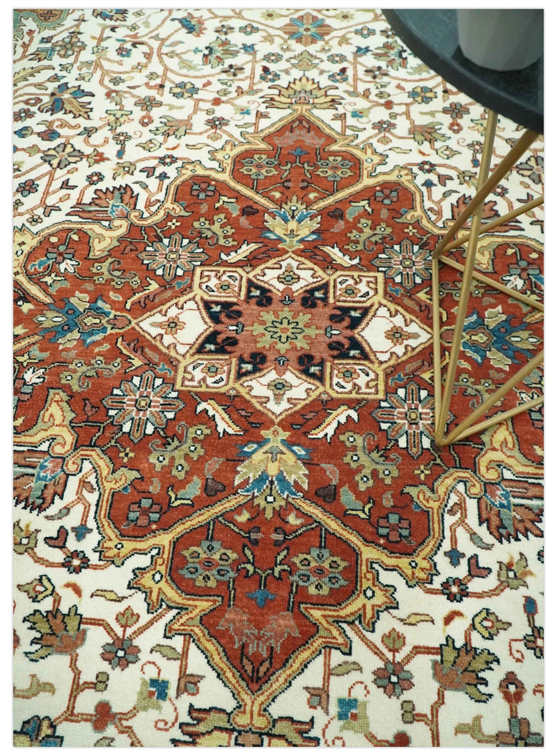 Premium Fine Floral Ivory and Rust Traditional Heriz 9x12 Hand Knotted wool area rug - The Rug Decor